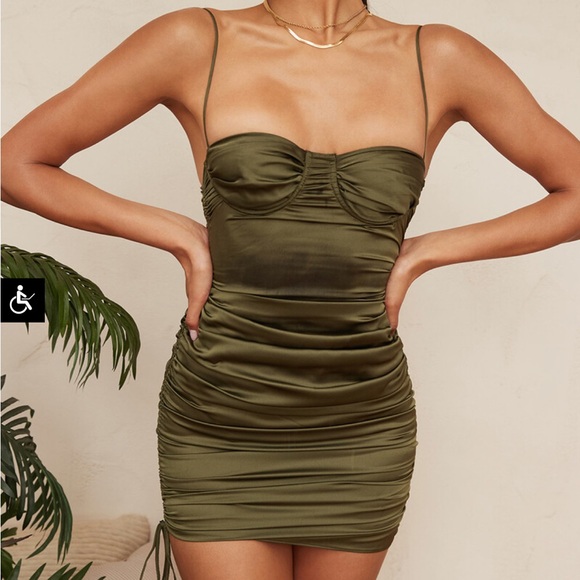 Mistress Rocks - Afterglow Olive Asymmetric Ruched Mini Dress - Picture 1 of 9